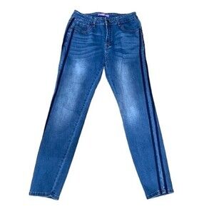 Bamboo Distressed Mid-Rise Skinny Jean Stripe Detail Faded Whisker Stretchy Soft